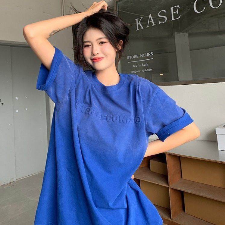 短袖恤女夏季衣服美式克莱因蓝正肩棉半袖上衣潮