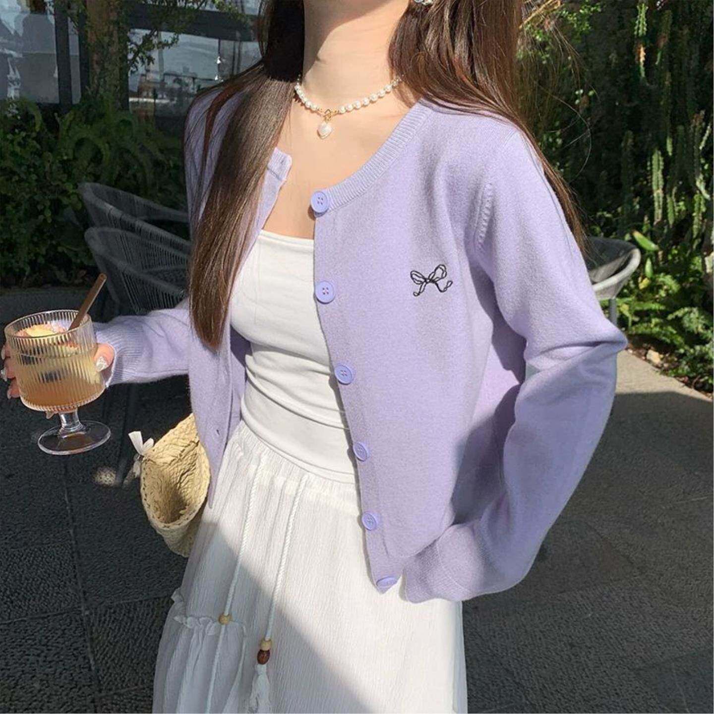 黄色外搭针织开衫女春秋设计感蝴蝶结刺绣软糯高级感毛衣外套短款