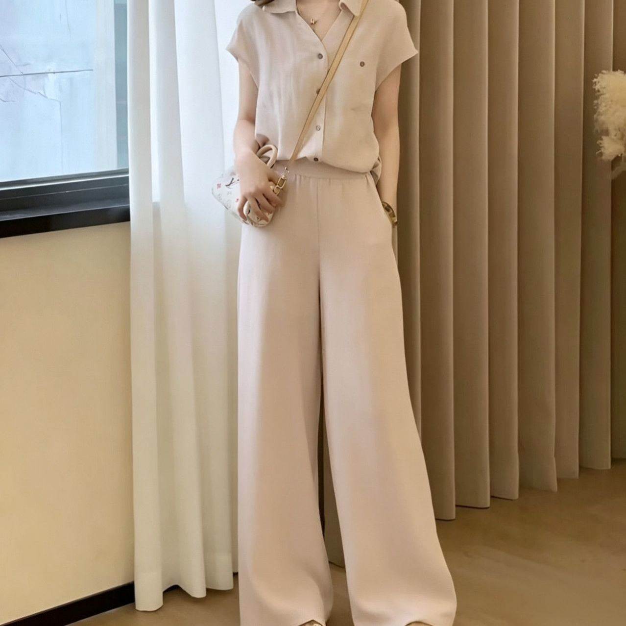 巨好看的洋气时装穿搭一整套装女2026夏季Polo领短袖衬衫阔腿裤子