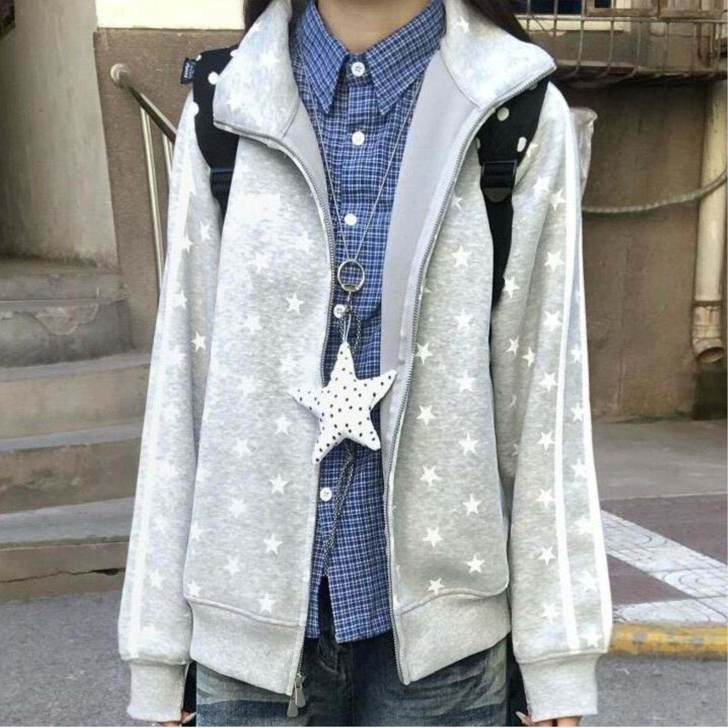 星星字母立领拉链卫衣秋冬款美式复古中性风时尚百搭宽松气质外套