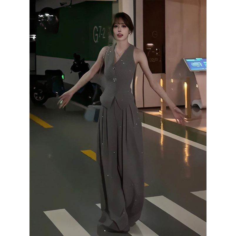 高级感烫钻V领无袖西装马甲背心套装女2026年夏季新款高腰阔腿裤