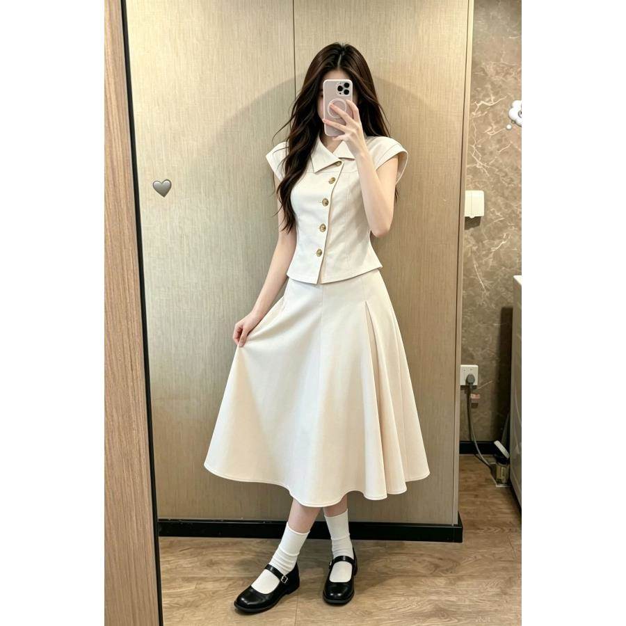 轻熟通勤风套装女夏季韩版新款显瘦翻领衬衫高腰中长半身裙两件套