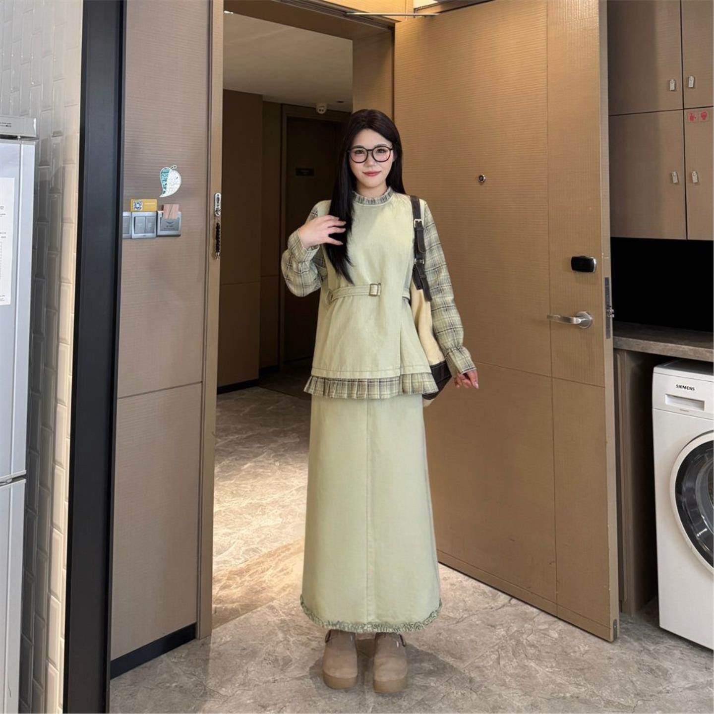 大码女装格子绑带上衣女春季显瘦高腰半裙套装