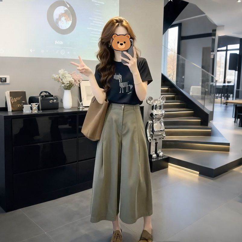 夏季新款休闲套装女印花短袖T恤高腰显瘦百搭阔腿八分裤子两件套