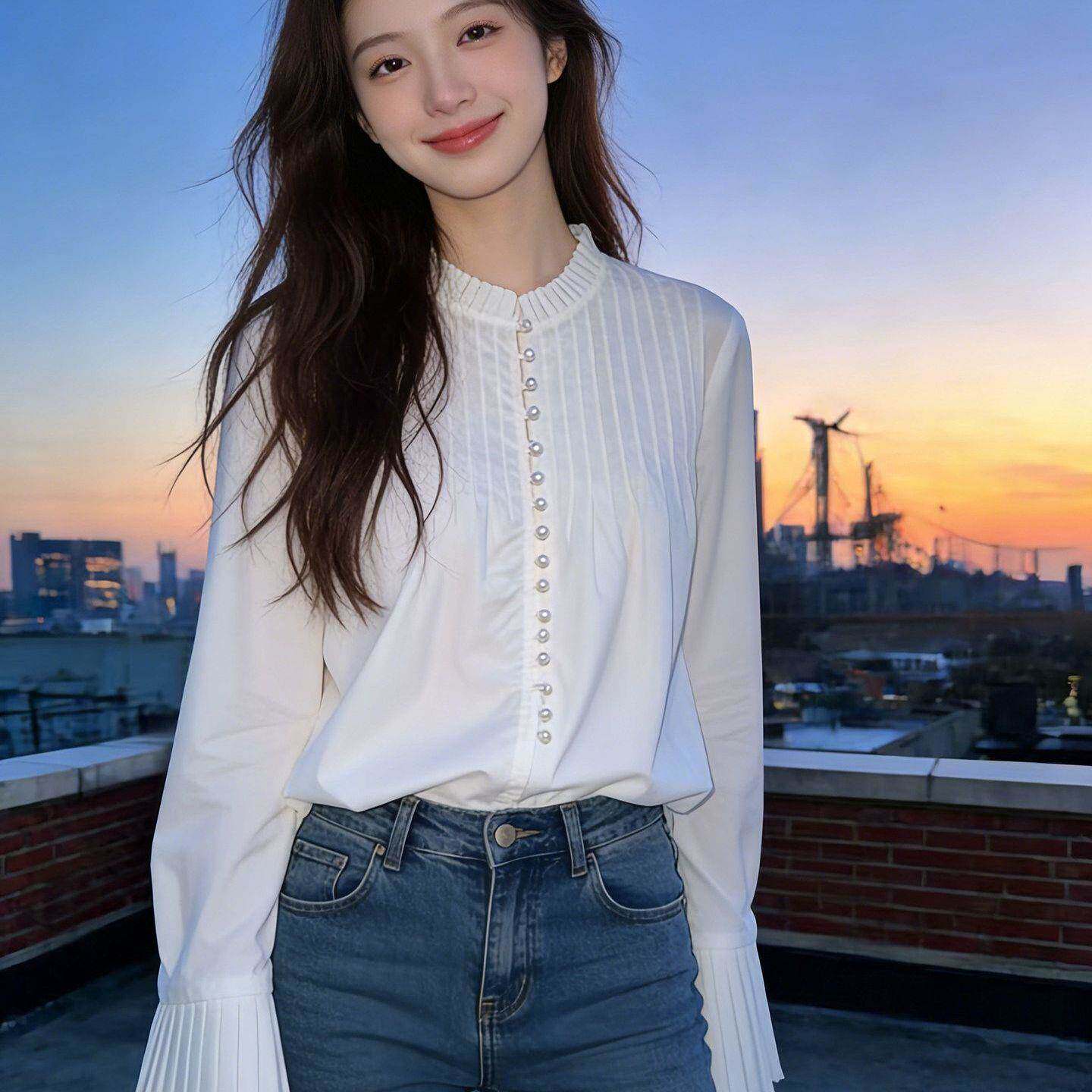 白色珍珠扣木耳边立领衬衫女法式气质宽松百搭长袖