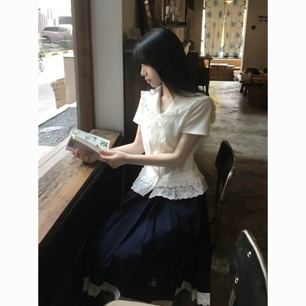 学院风白色蕾丝短袖衬衫女夏2026新款衬衣设计感气质半身裙套装