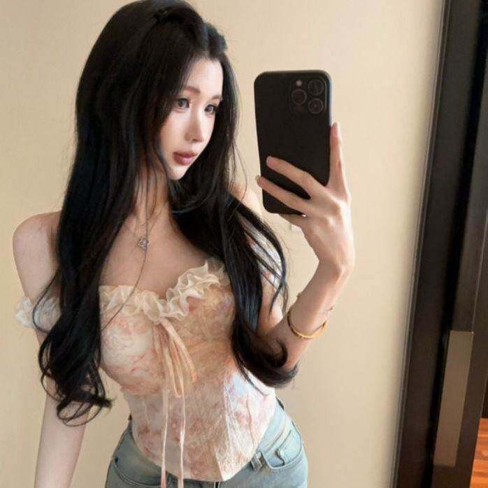 高级级感吊带背心浪漫色彩拼接花色抹胸上衣