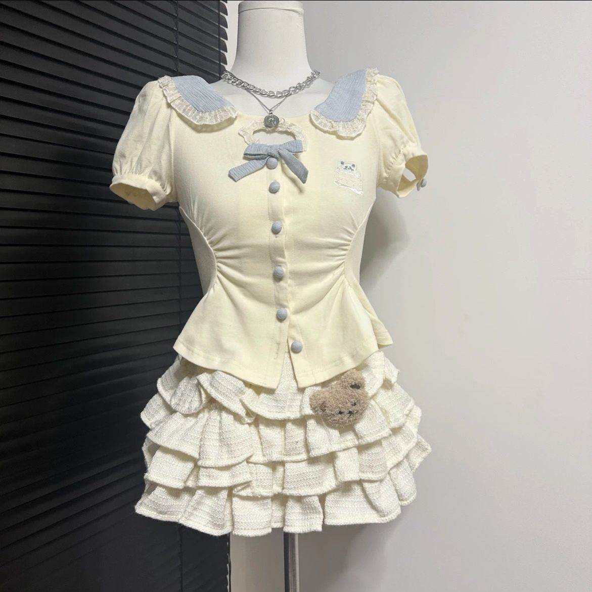 甜美风套装泡泡短袖娃娃领领衬衫女夏季高腰显瘦半身裙短裙两件套
