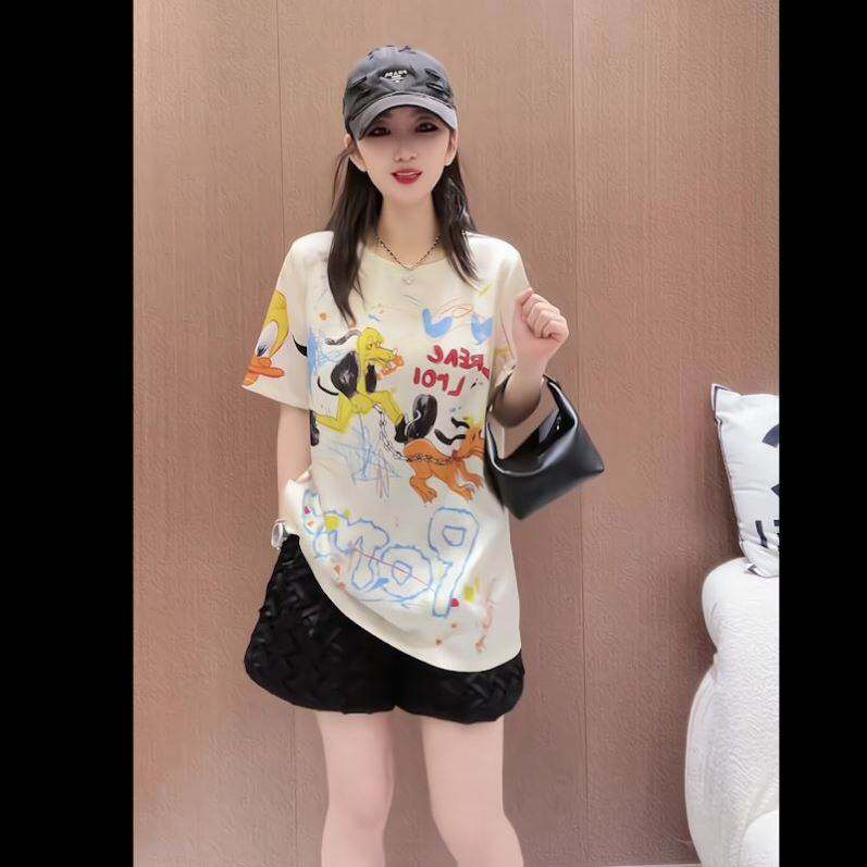 夏季个性涂鸦印花宽松短袖两件套潮流慵懒风黑色编织短裤休闲套装