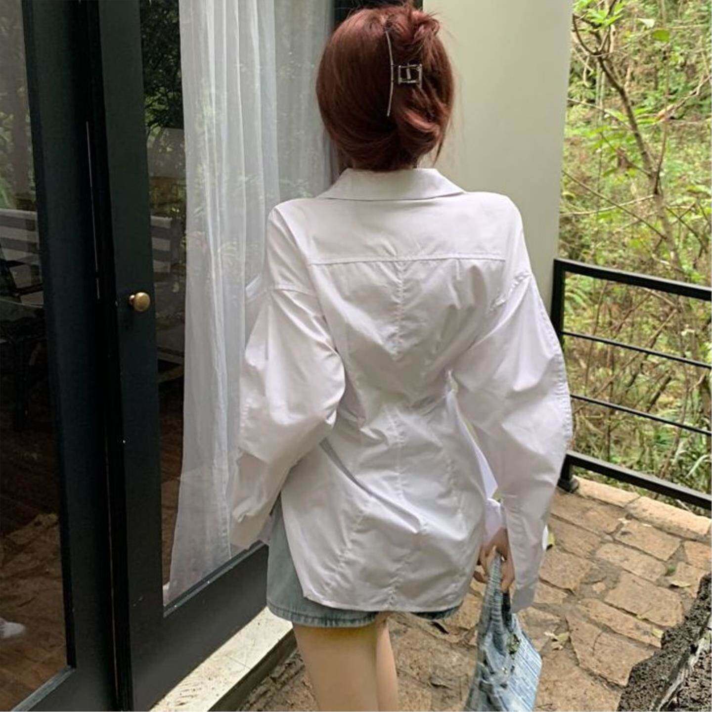 收腰白色衬衫女春春季新款韩版设计感小众显瘦修身学院风长袖衬衣