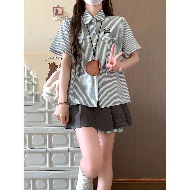 美式学院风条纹短袖衬衫短裙套装女夏季设计感宽松两件套显瘦百搭
