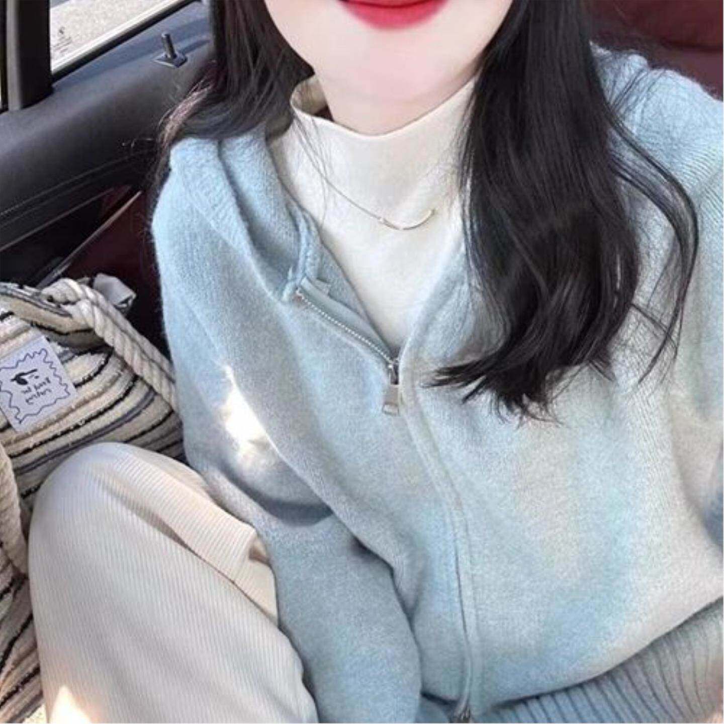 双拉链连帽针织开衫女春夏温柔慵懒风软糯毛衣外套宽松上衣