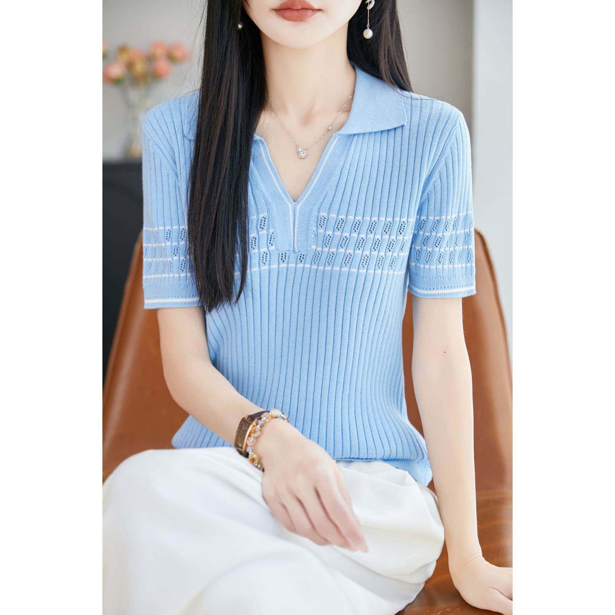 法式复古条纹棉线Polo领针织衫女翻领短袖T恤夏薄舒适显瘦上衣