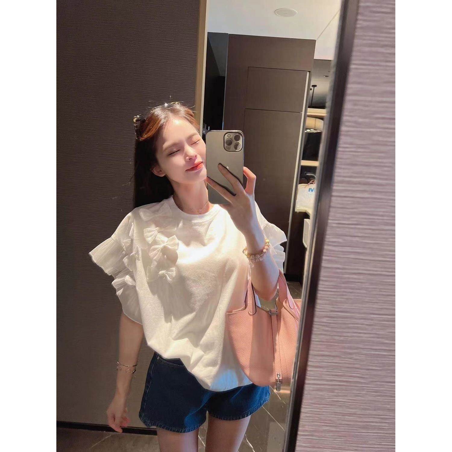 大码胖mm夏季新款韩国女装蝴蝶结拼接韩版甜美时尚设计感短袖T恤