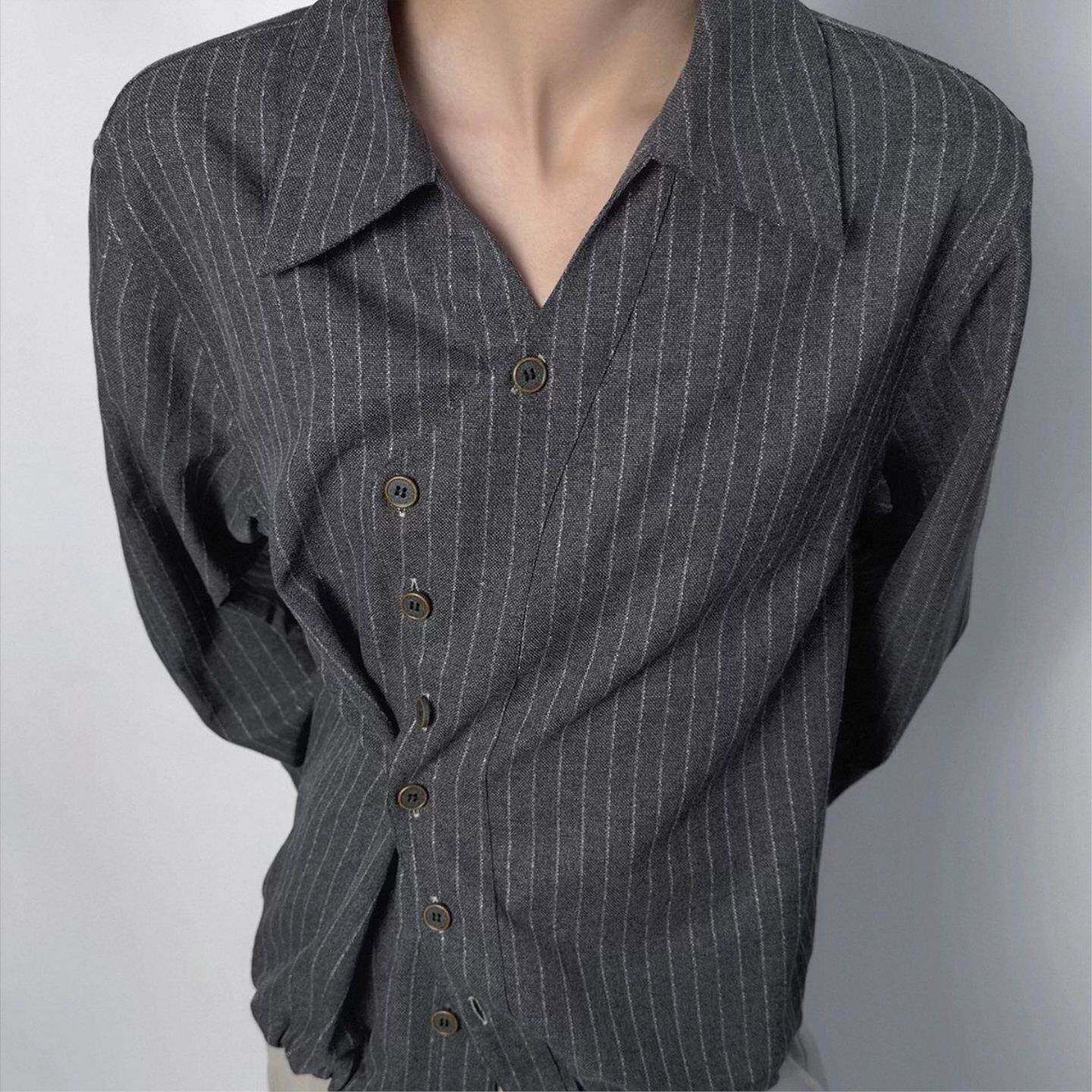 美式复古斜门襟V领条纹抽绳衬衫男长袖休闲高级感短宽衬衣外套