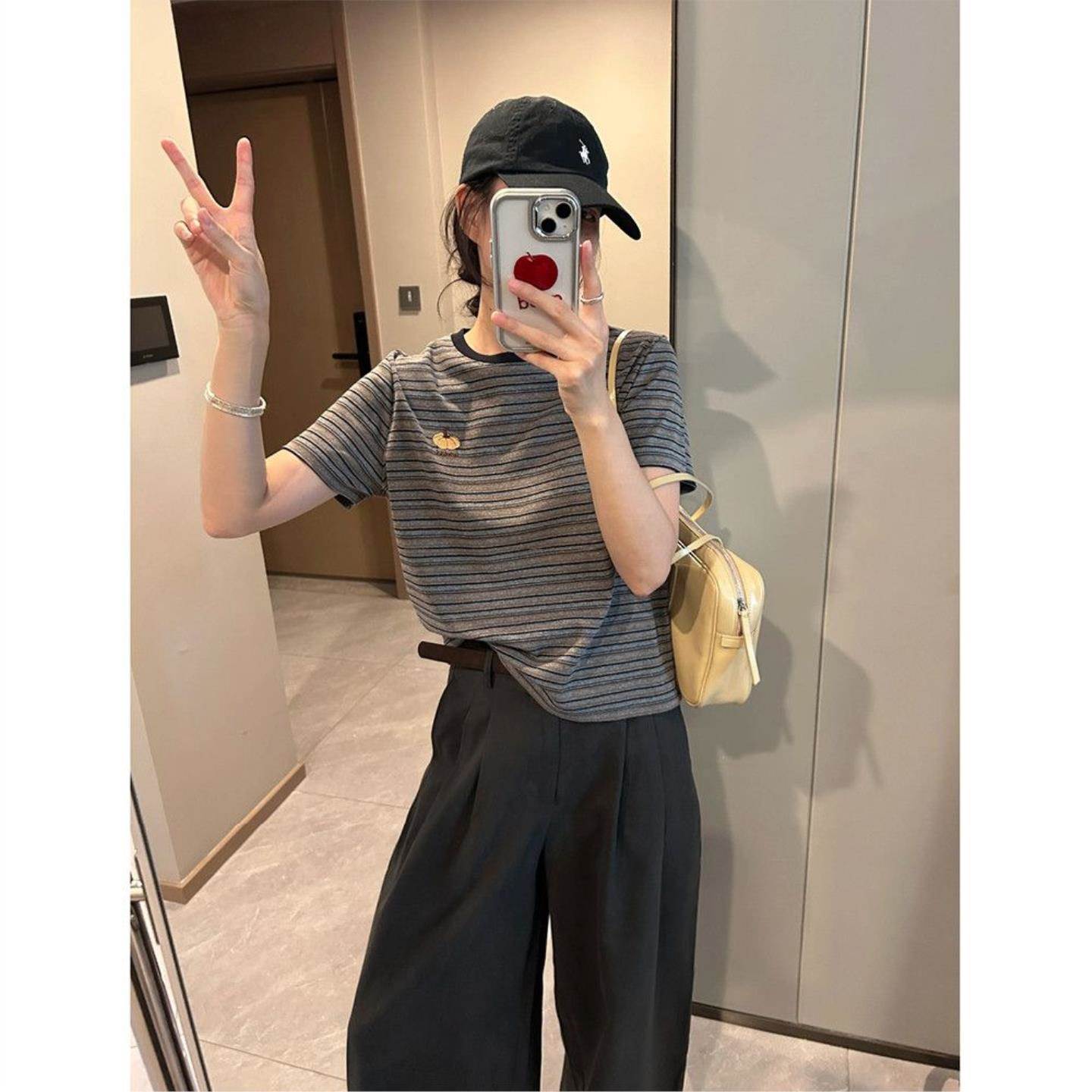 南瓜刺绣短袖T恤女软糯厚实棉复古条纹上衣宽松慵懒耐看t恤