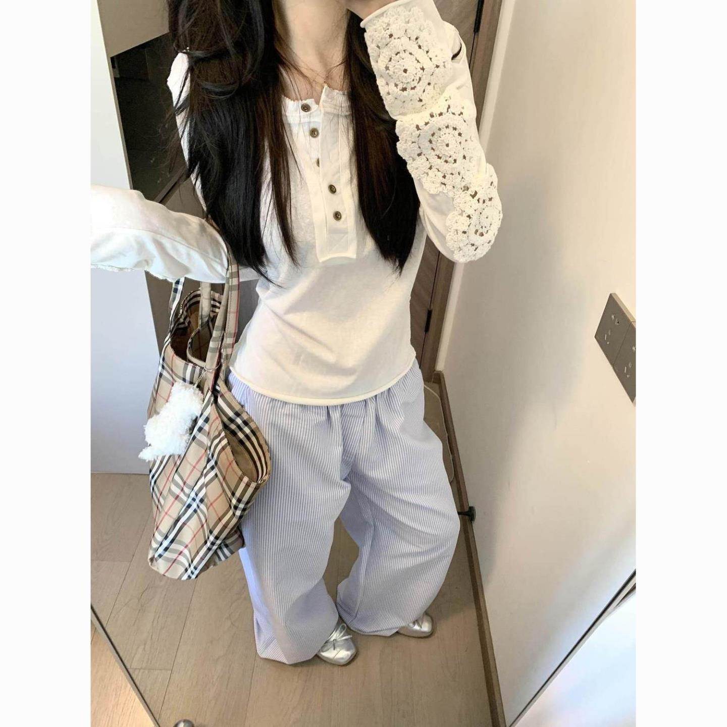 春秋季白色蕾丝镂空刺绣亨利领长袖t恤女装2026新款宽松罩衫上衣