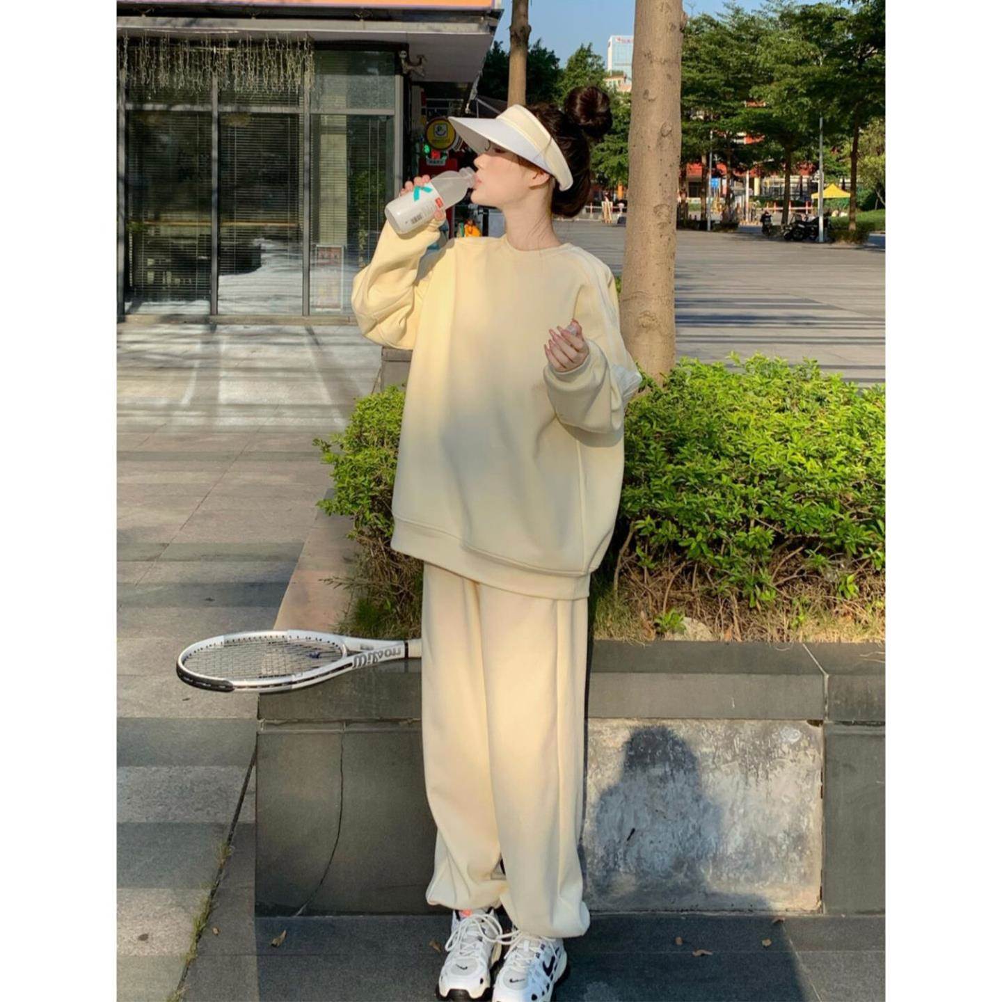 秋冬oversize新款圆领套装女宽松慵懒加绒卫衣加厚休闲运动两件套