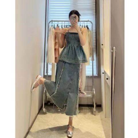 牛仔时尚套装女夏季吊带抹胸毛边上衣高腰开叉半身裙两件套