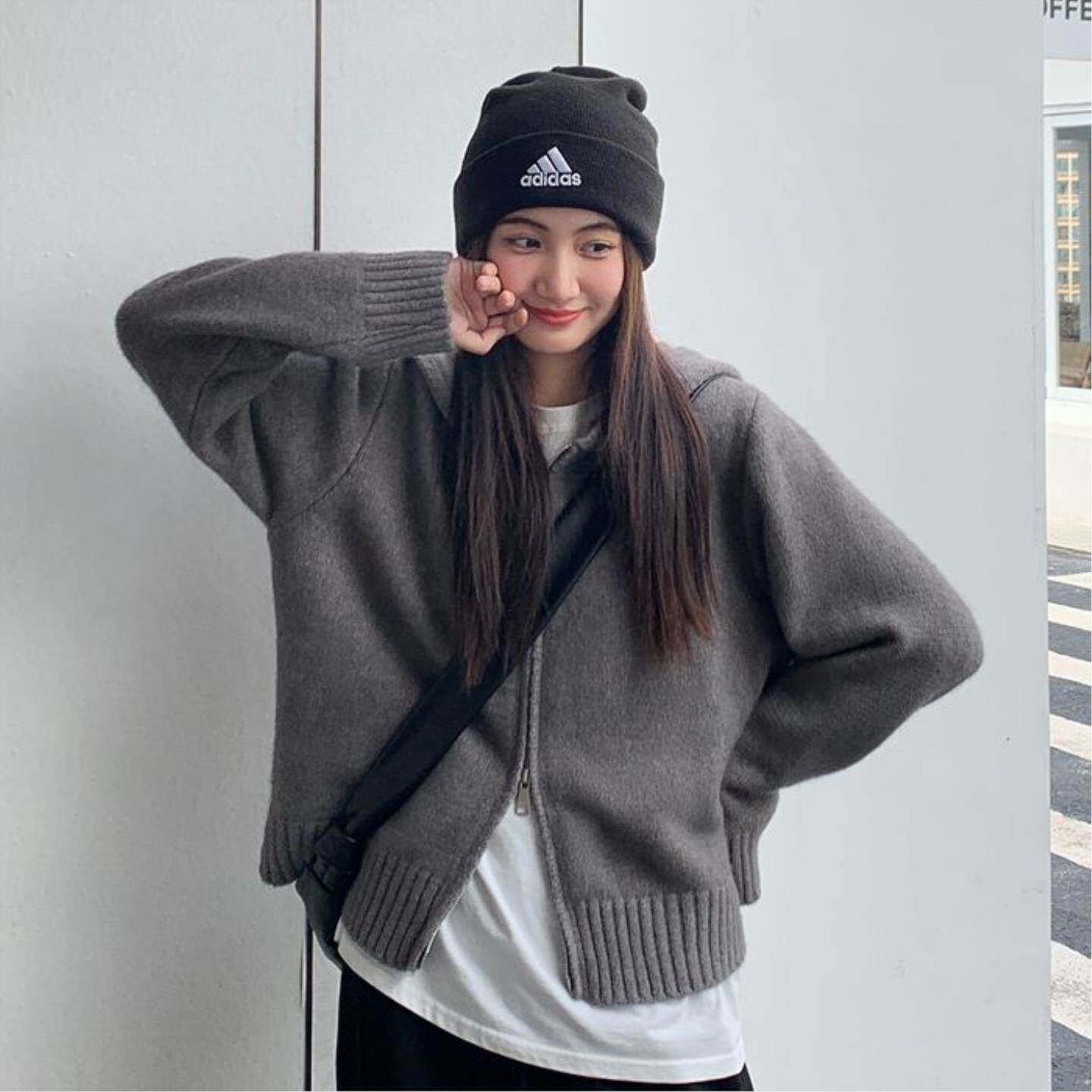 ZH新款粉色连帽双拉链针织开衫女韩版宽松慵懒显瘦短毛衣外套