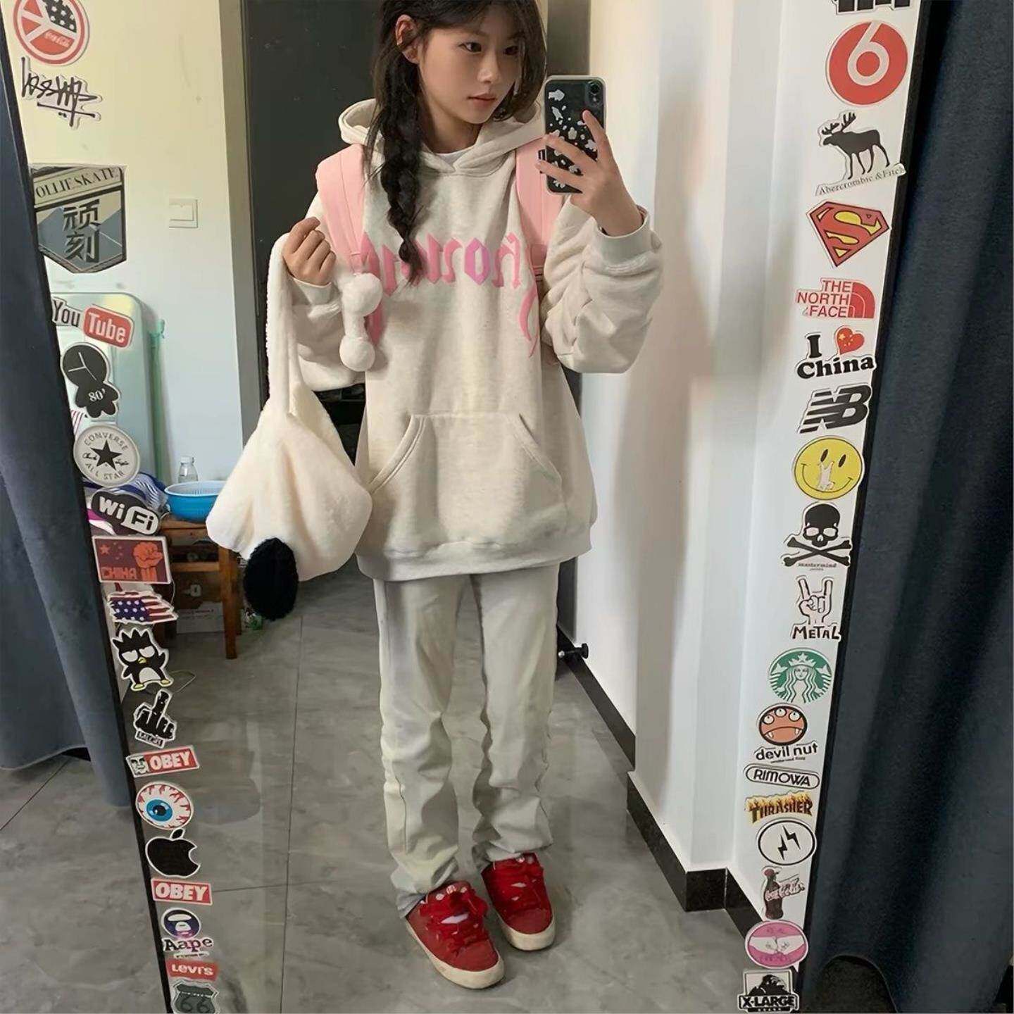 秋冬新款美式可爱字母印花加绒加厚连帽卫衣女初高中学生宽松外套
