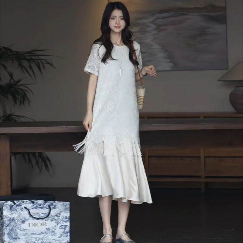 蕾丝连衣裙女2026夏季新款微胖大码遮肉显瘦优雅高级感鱼尾裙长裙