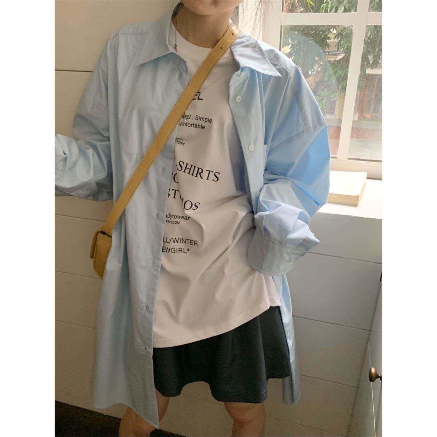 大码女装蓝色衬衫女春秋新款衬衣设计感小众长袖韩版慵懒宽松上衣
