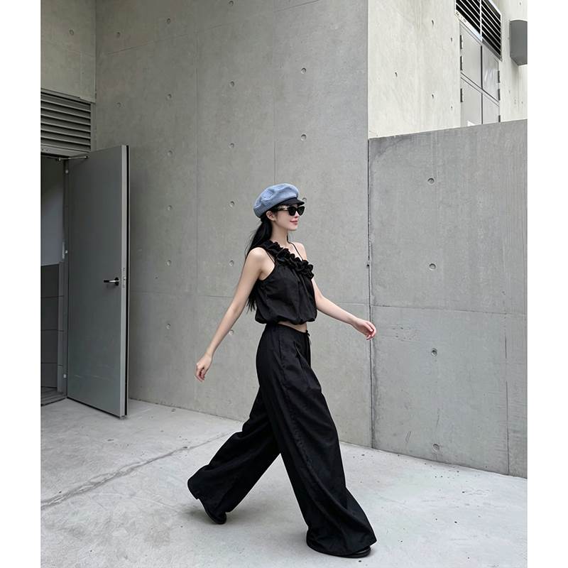 辣妹黑色两件套木耳花边斜领露肩背心上衣夏季女休闲阔腿裤套装