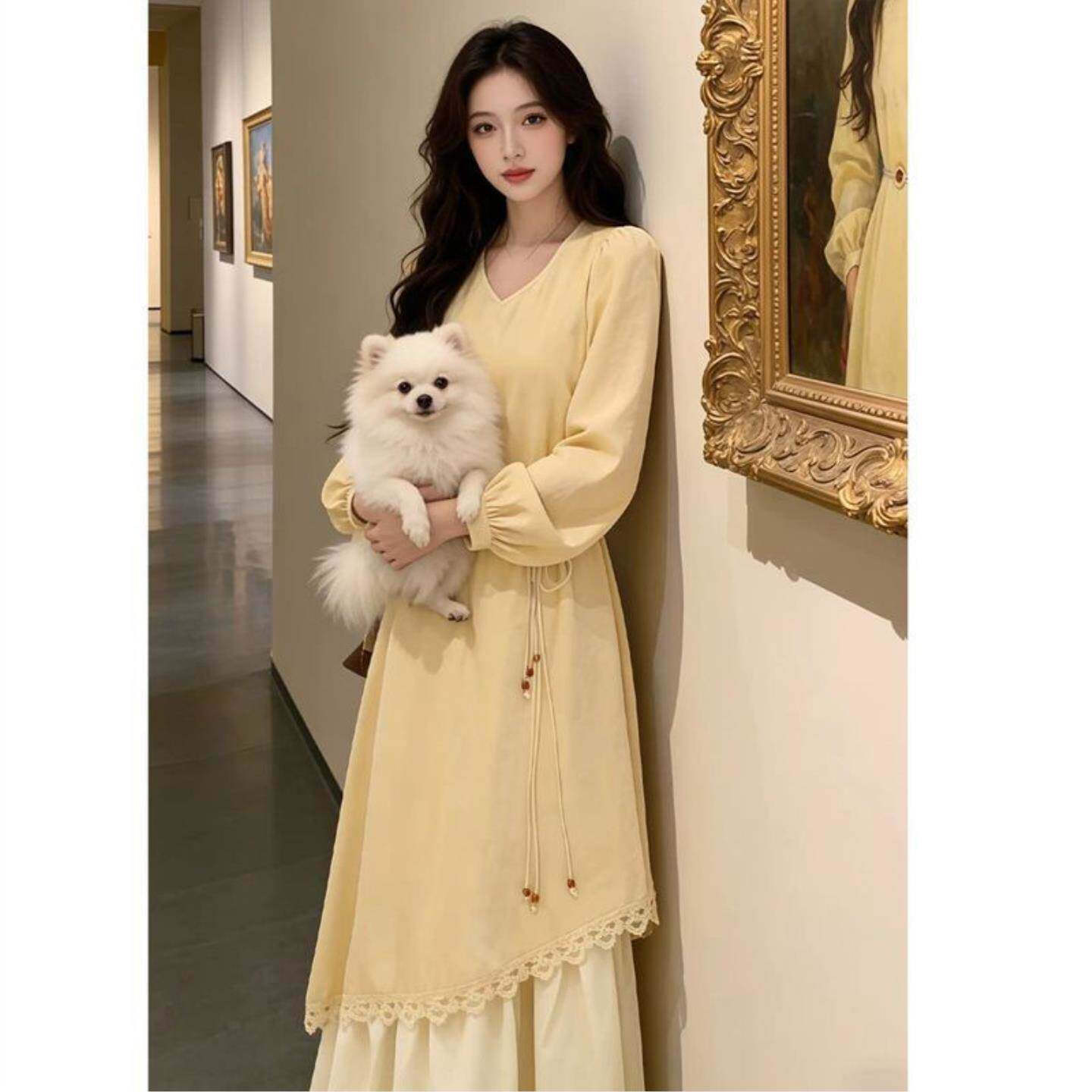 高级感V领长袖连衣裙女春夏大码胖mm巨好看气质显瘦不规则A字长裙