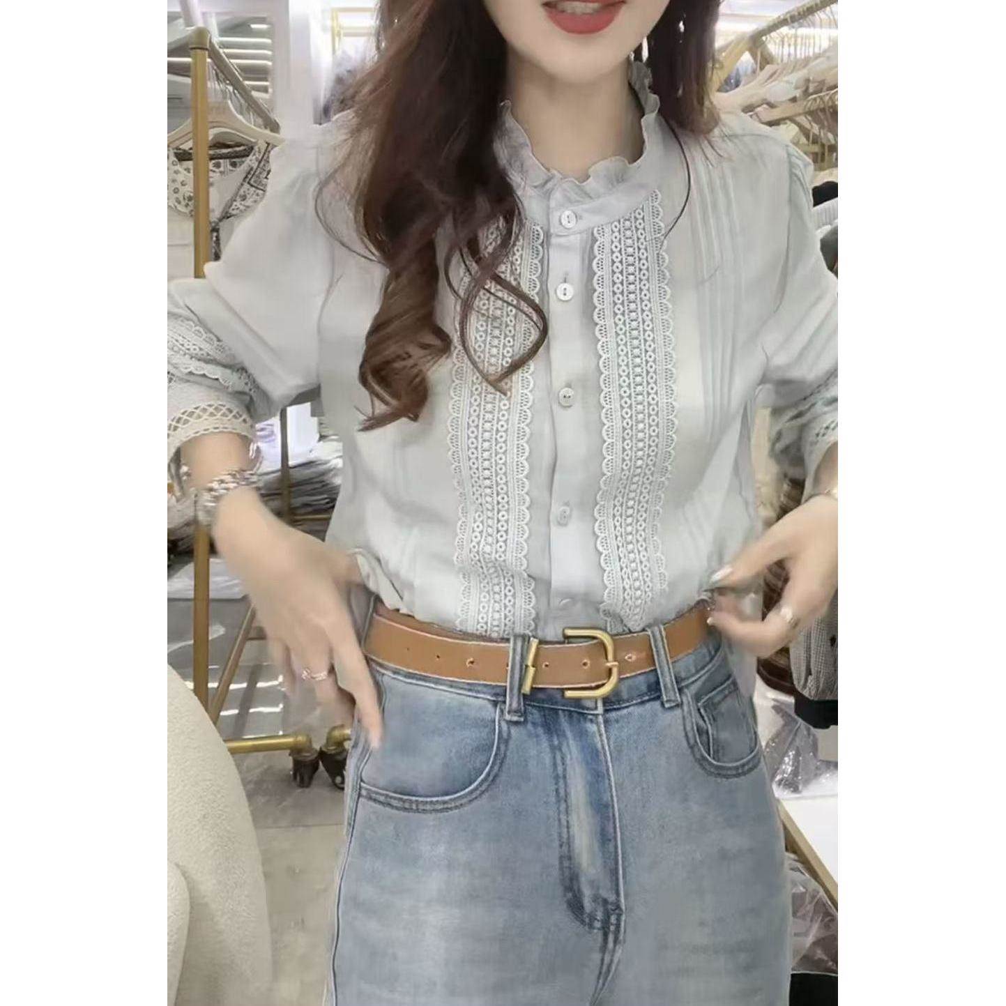韩系chic甜美减龄木耳边拼接立领长袖衬衫女早春小众褶皱超仙上衣