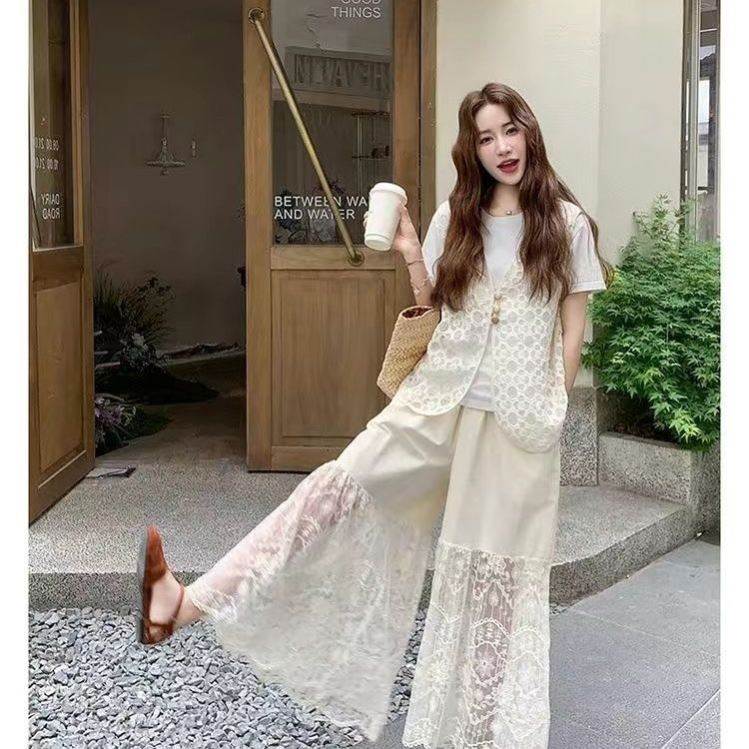时尚大码女装300斤法式重工蕾丝套装女夏季胖M小众叠穿宽松三件套