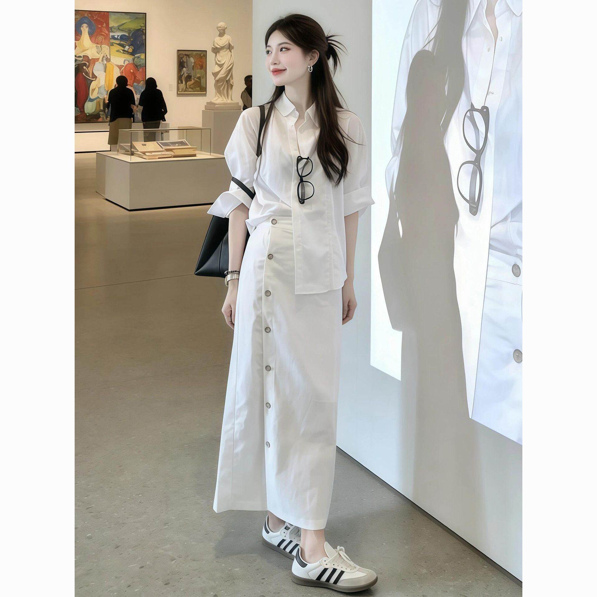 白色衬衫半身连衣裙女早春季2026新款小个子韩系穿搭一整套装长裙
