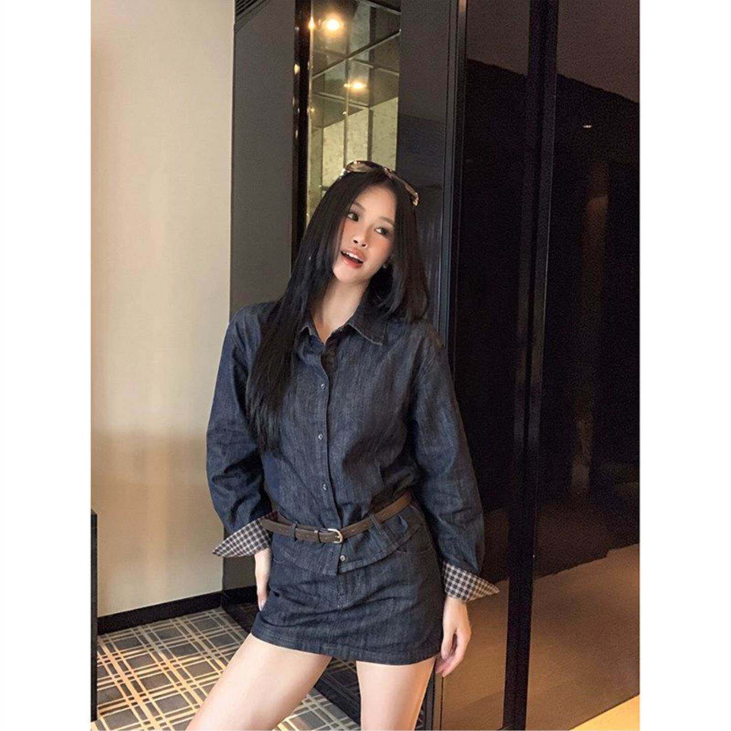 松弛感复古风套装女早秋爆款长袖牛仔翻领衬衫高腰短裙时尚两件套