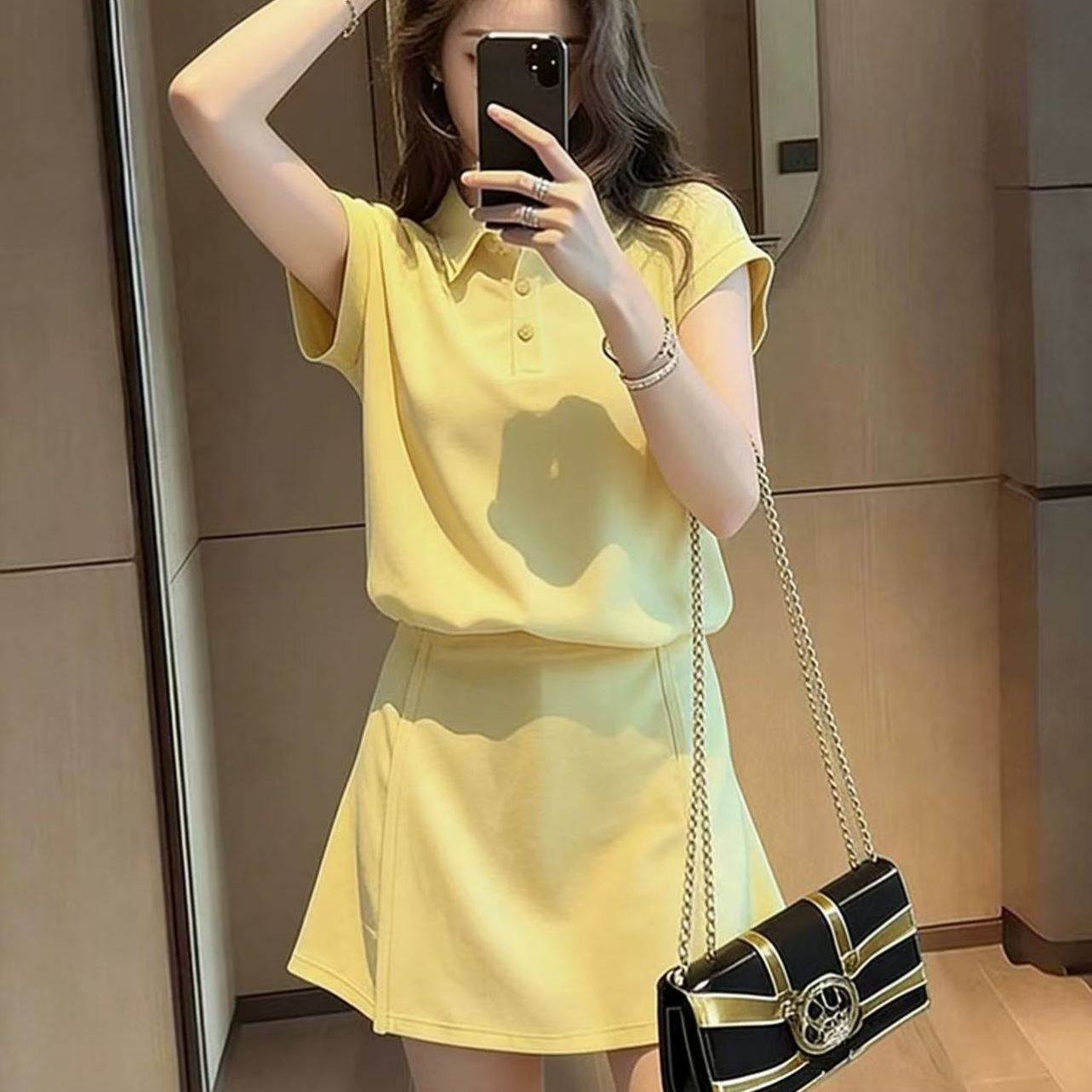夏日独特漂亮套装裙子时尚休闲运动绝美黄色短袖半身短裙两件套女