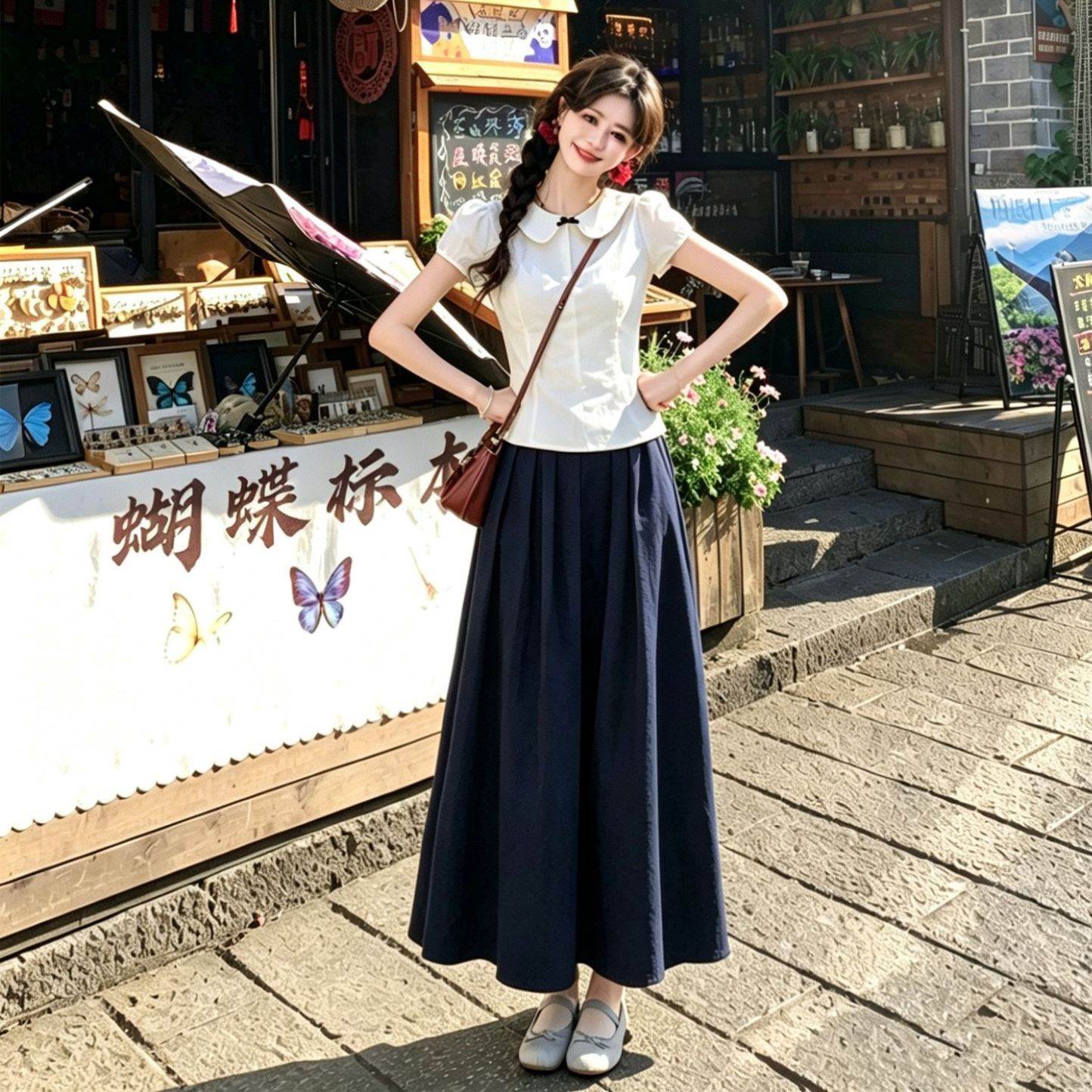 学院风减龄娃娃领白色短袖衬衫上衣女法式高腰半身长裙子两件套装