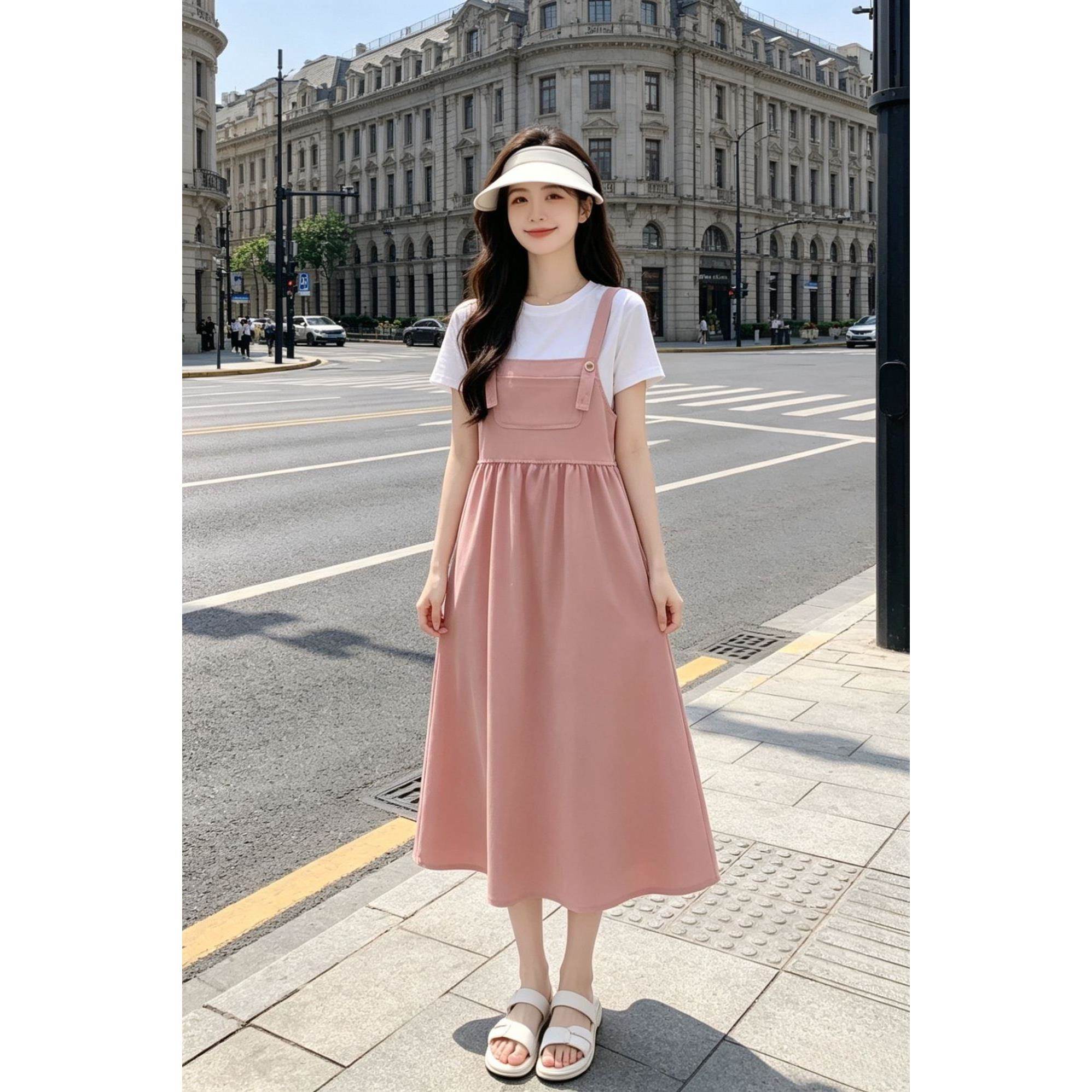 大码宽松连衣裙女装夏季新款胖mm洋气遮肚子显瘦减龄款背带裙套装