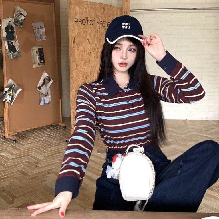 时髦撞色条纹polo领打底衫女内搭秋冬甜妹高腰短裤长袖t恤上衣