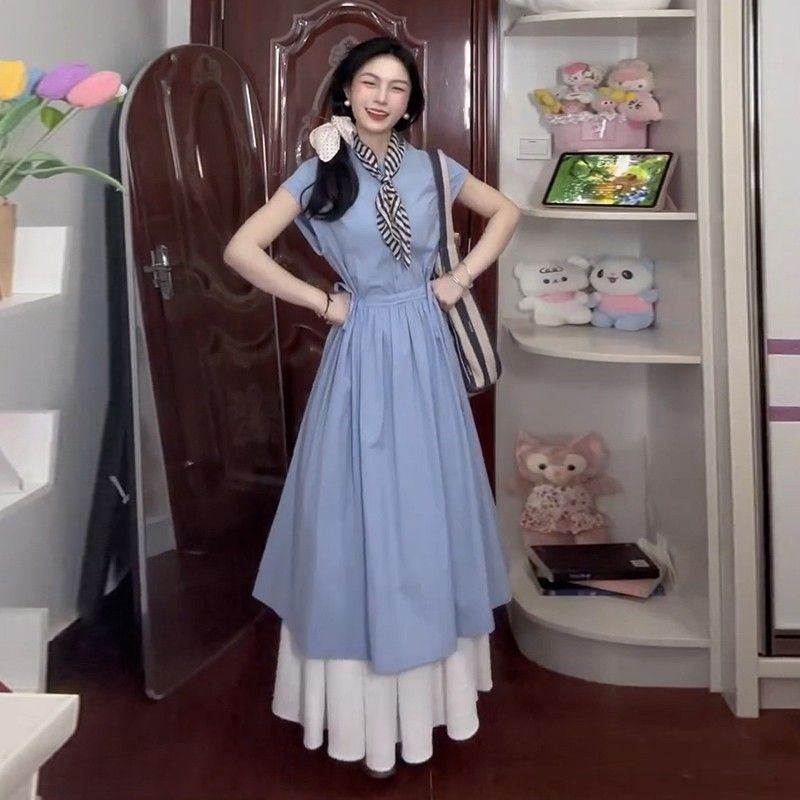 法式气质蓝色衬衫连衣裙子女夏季2026新款高级感收腰显瘦a字长裙
