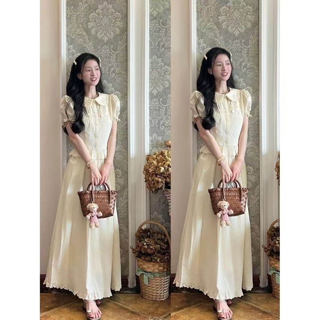 韩系甜美小个子泡泡袖娃娃领衬衫女学生夏季搭配高腰半身裙两件套