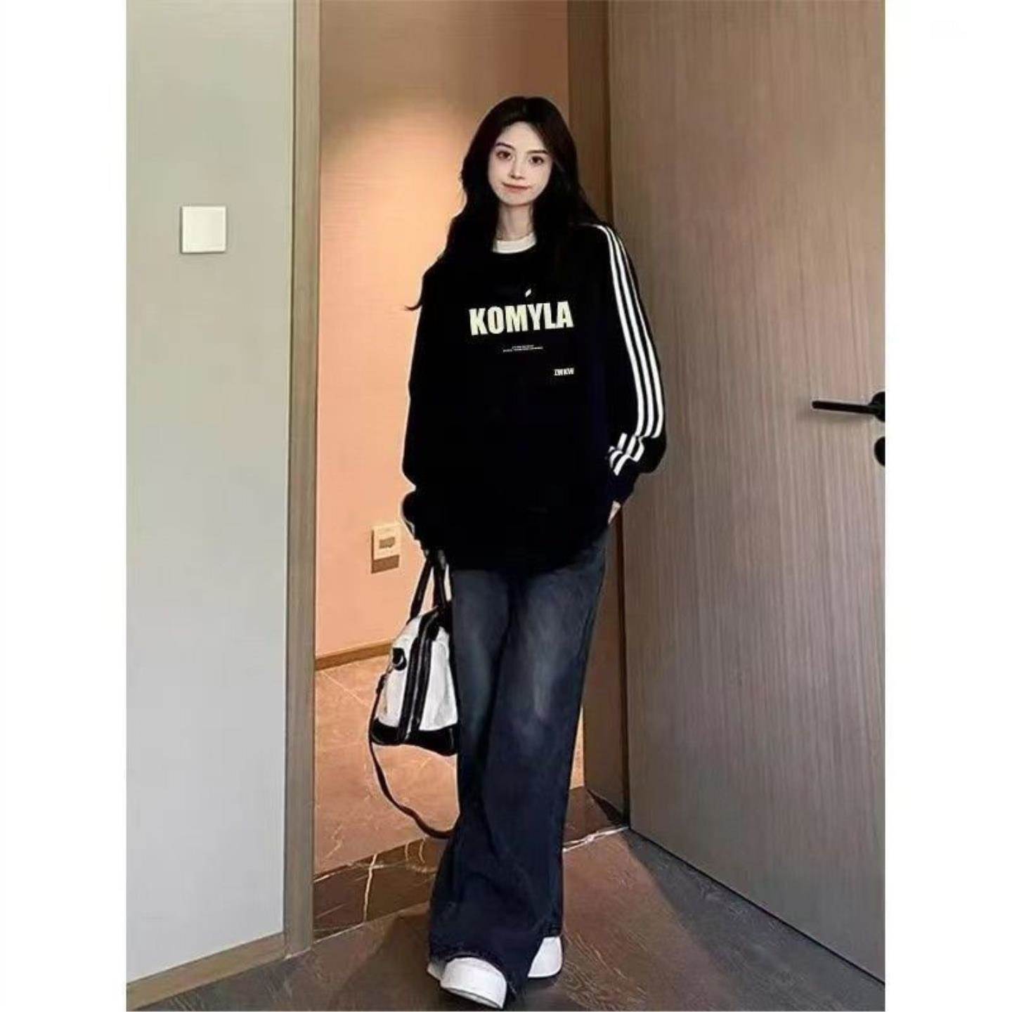 黑色三条杠长袖t恤女春秋新款无帽圆领美式薄款卫衣上衣
