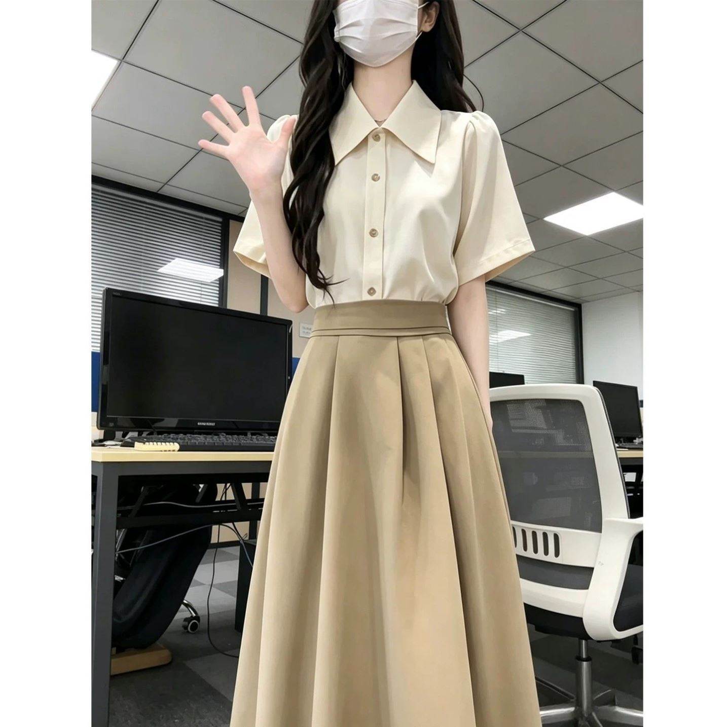 杏色短袖衬衫女夏季2026新款大学生穿搭通勤教资面试套装裙子