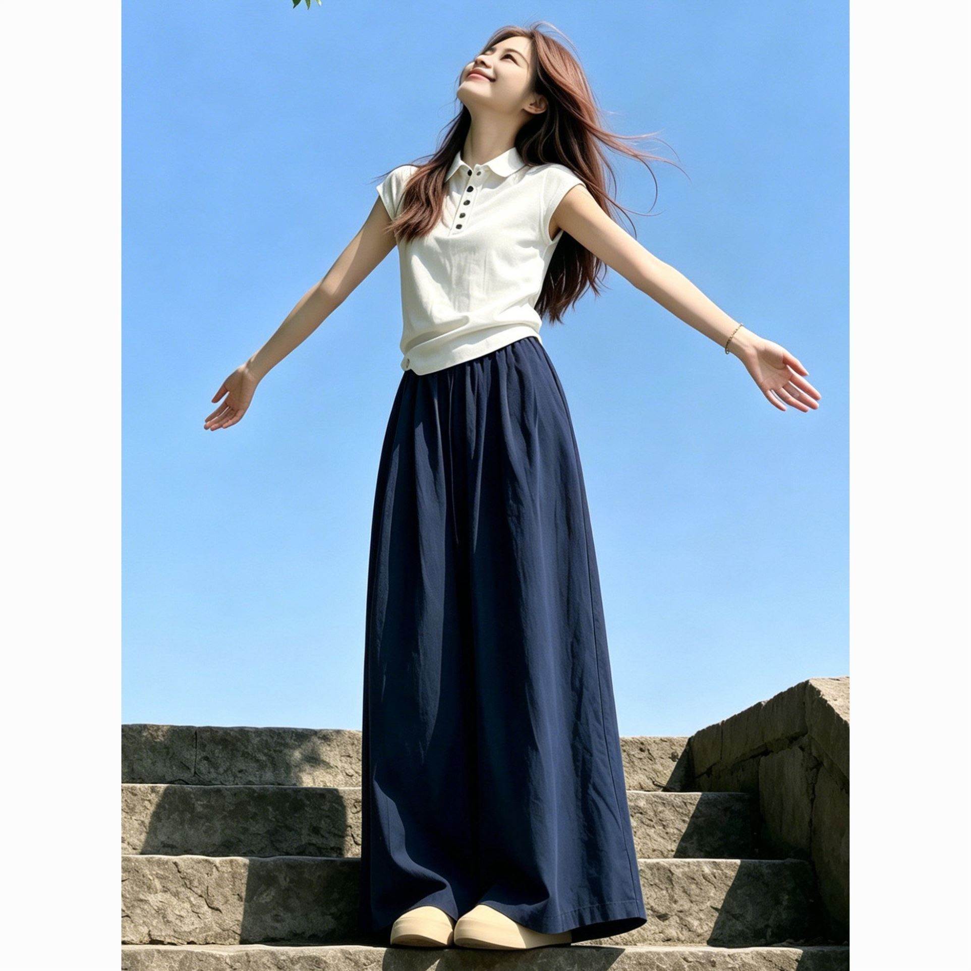 白色polo领短袖T恤藏蓝色阔腿裤两件套女2026夏季巨好看百搭套装