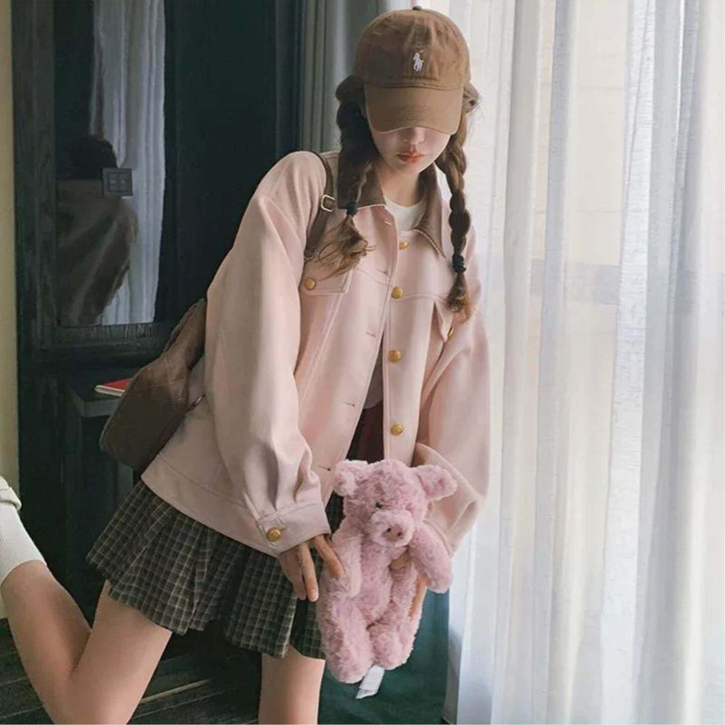 韩版粉色工装短外套女春春季撞色甜美减龄小个子休闲夹克开衫上衣
