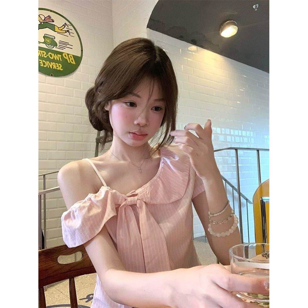 韩系甜美显嫩条纹露肩短袖蝴蝶结衬衫夏季独特漂亮小衫显瘦上衣女