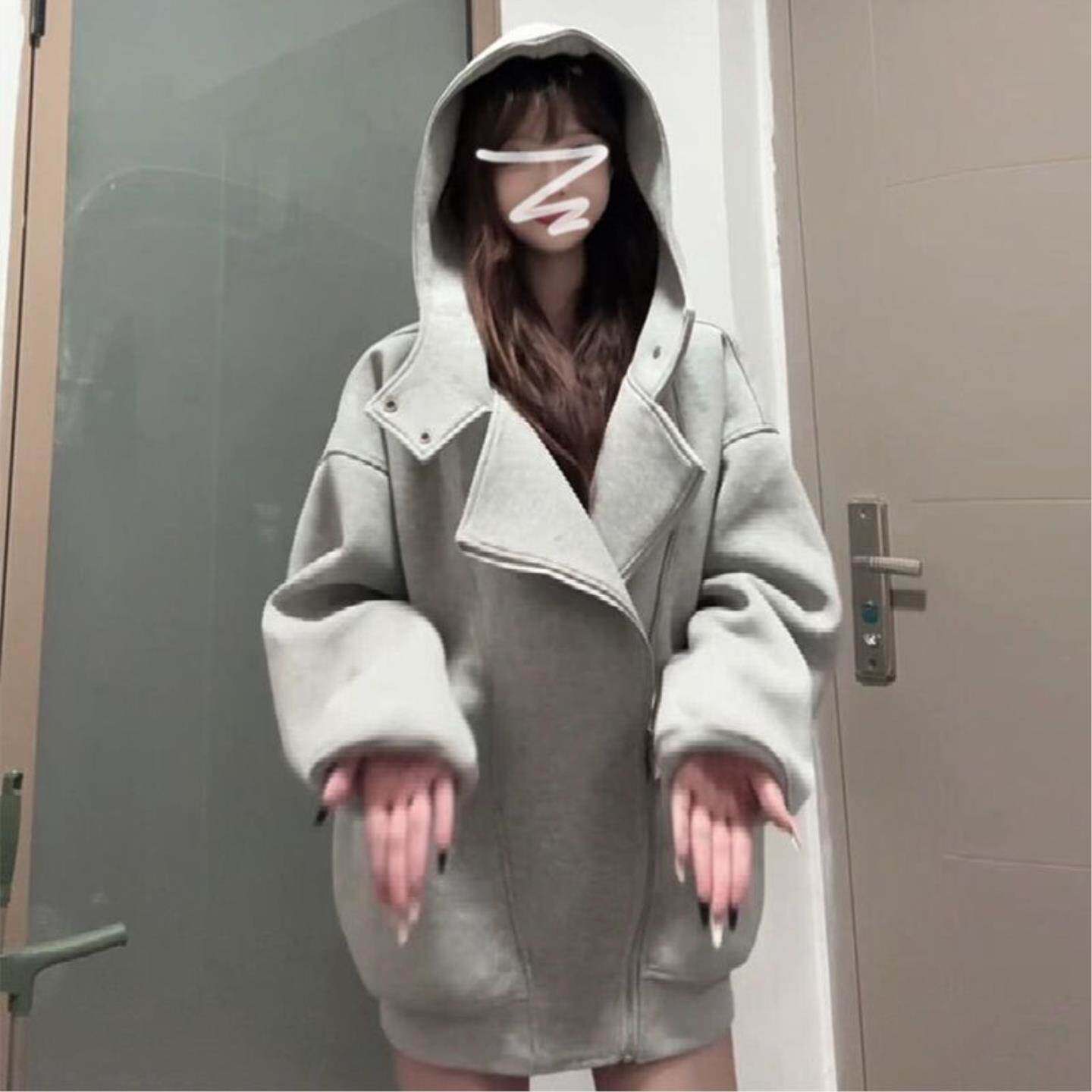 特大码早秋季美式灰色连帽卫衣外套女2026新款独特漂亮棒球服薄款