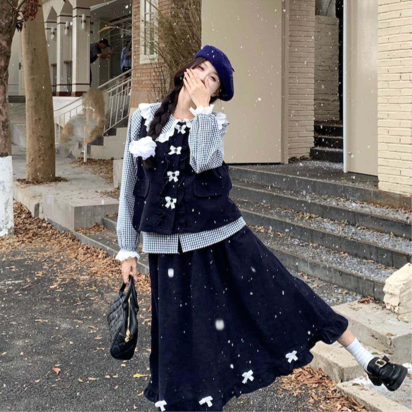 春夏叠穿复古风马甲磨毛衬衫三件套女甜美日系减龄灯芯绒套装
