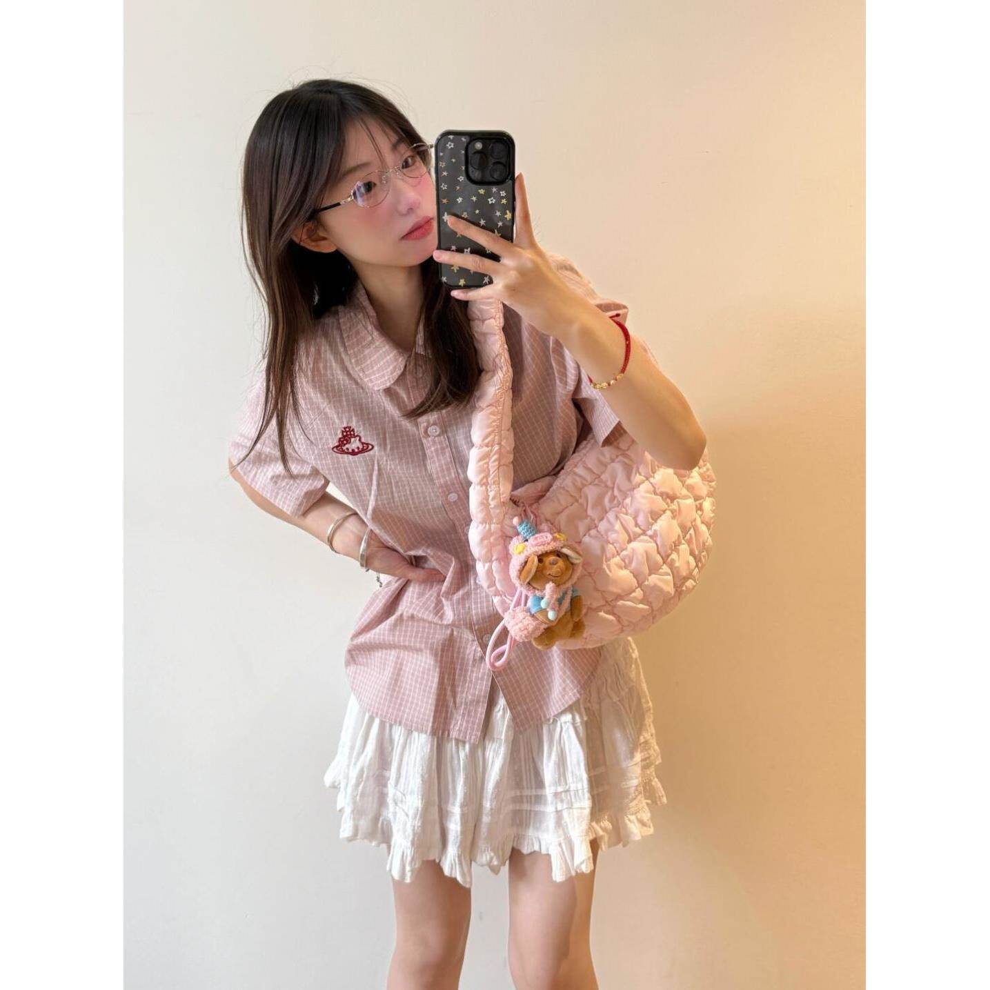 粉色甜美学院风格子刺绣短袖衬衫女休闲宽松小清新百搭上衣外穿潮