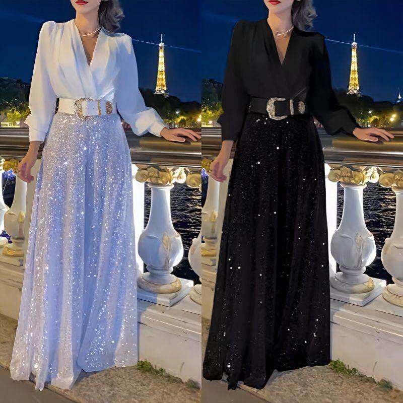 2026欧美新款高腰紫色珠片晚宴礼服胖大码明媚显瘦连体阔腿裤