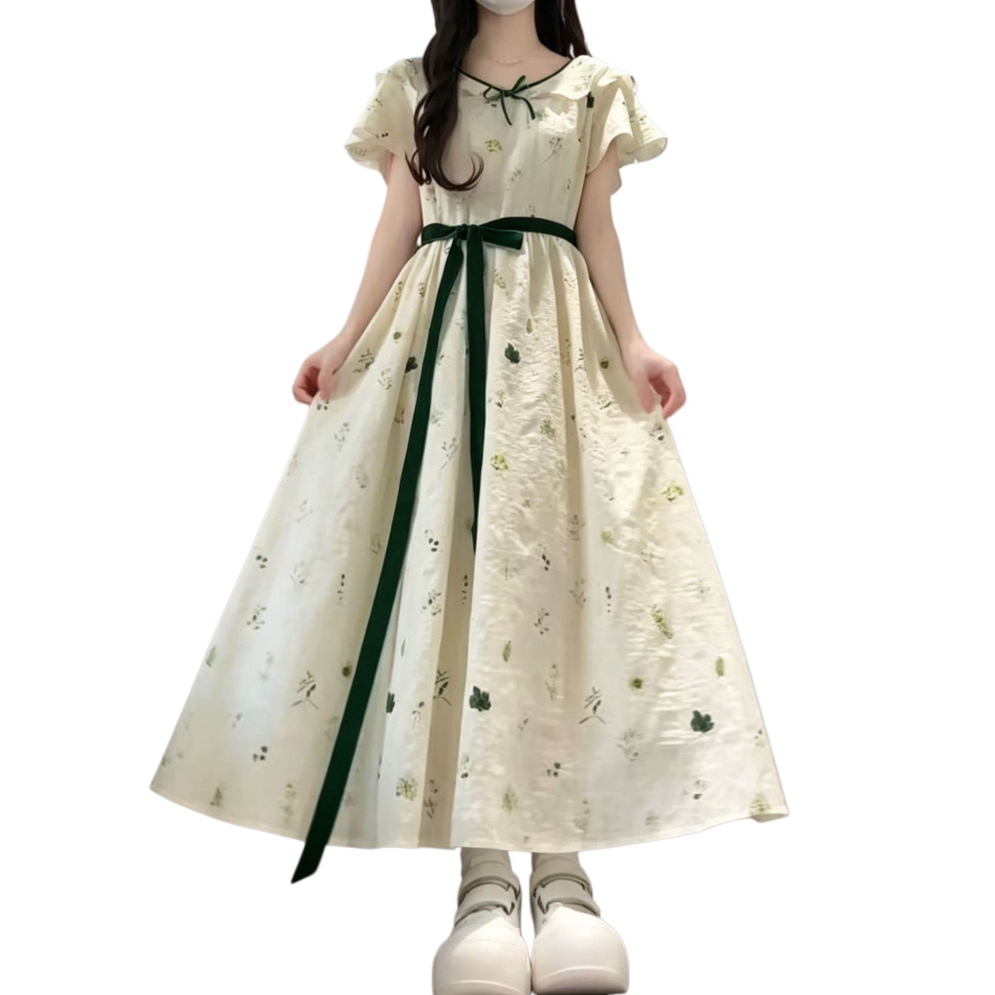 系带甜美青少年夏季连衣裙女学生学院风文艺温柔淑女气质过膝裙子