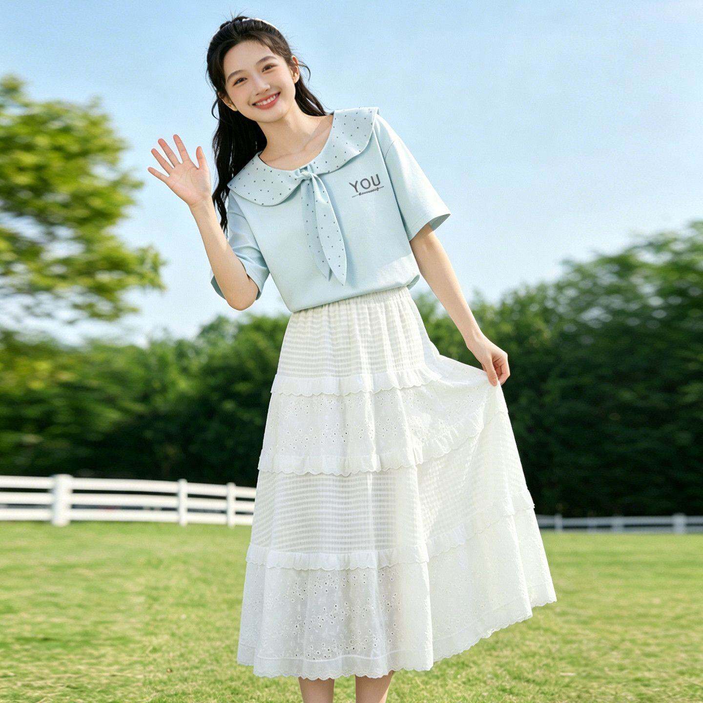 清新甜美娃娃领连衣裙套装少女生夏装穿搭一整套多巴胺两件套